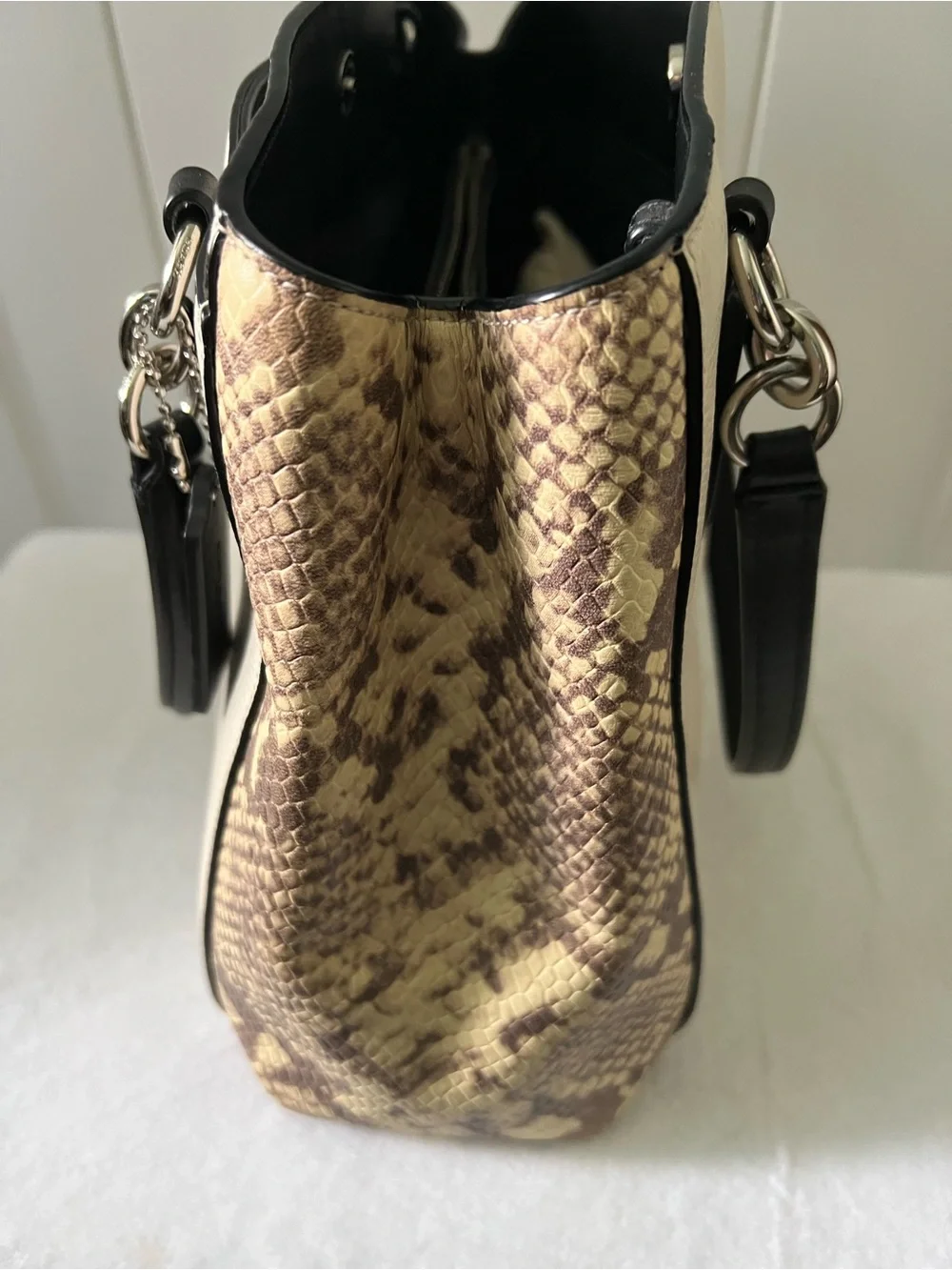 Coach Cream Pebble Leather Satchel with Black Handles and Snake-Print Trim
